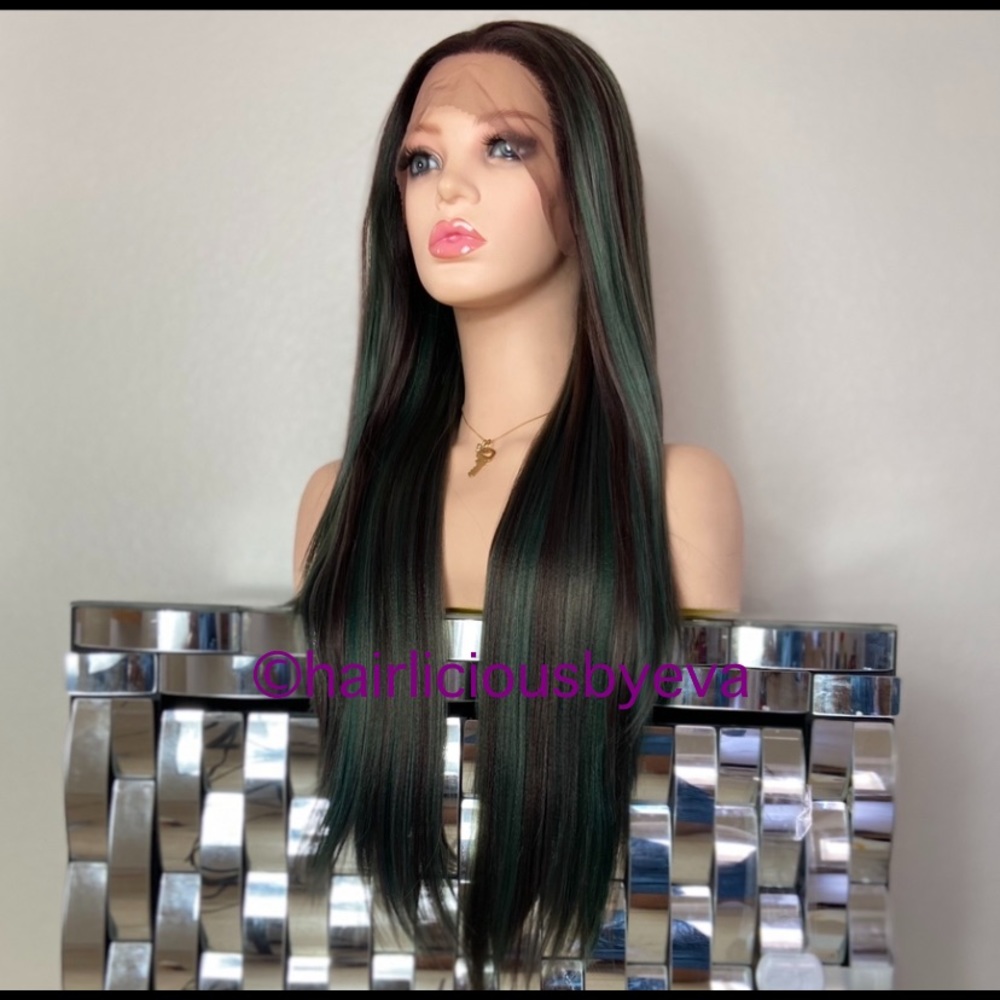 Ash green wig ombré mix dark brown roots lace from